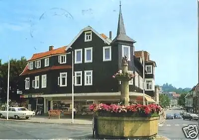 AK, Braunlage Harz, Straßenpartie am Brunnen, 1973