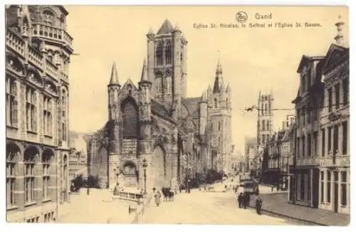 AK, Gand, Gent, Straßenpartie mit Eglise St. Nicolas