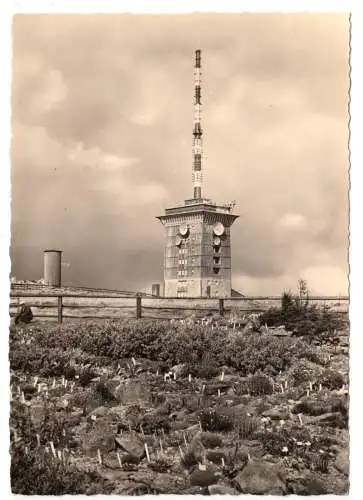 AK, Brocken Harz, Brockenhotel mit Fernsehsender, Brockengarten, 1961