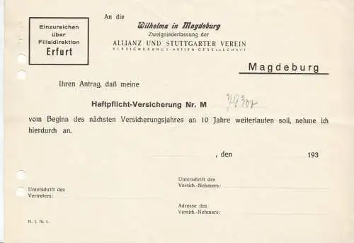 Versicherungsverlängerung Wilhelma in Magdeburg, blanco, 1930er