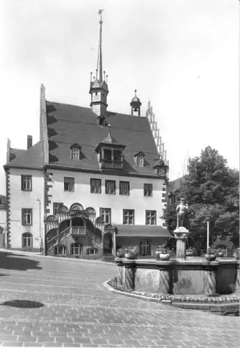 Ansichtskarte, Pößneck, Rathaus mit Brunnen, 1977