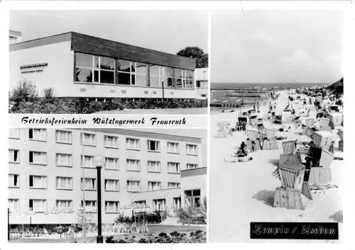 Ansichtskarte, Zempin Usedom, Betriebsferienheim Wälzlagerwerk Fraureuth, drei Abb., 1982