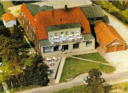 AK, Krautsand Elbe über Dochtersen, Müller's Hotel, Luftbild, um 1978