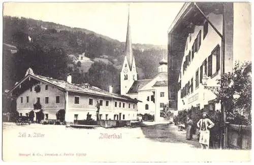 Ansichtskarte, Zell a. Ziller, Straßenpartie, belebt, um 1903