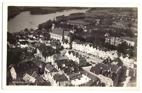 AK, Schärding OÖ, Luftbildansicht der Innenstadt, um 1939