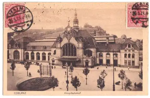 AK, Koblenz, Hauptbahnhof und Vorplatz, 1921