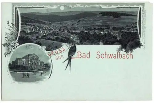 AK, Gruß aus Bad Schwalbach, Mondscheinlitho, grünlich, zwei Abb., um 1900