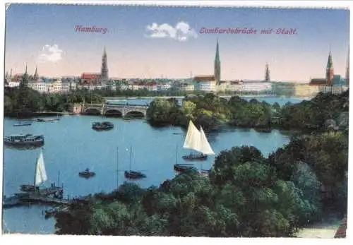 AK, Hamburg, Lombardsbrücke mit Stadt, um 1920
