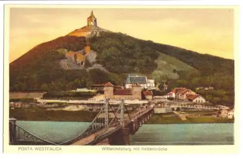 AK, Porta Westfalica, Witterkindsberg mit Kettenbrücke, um 1928