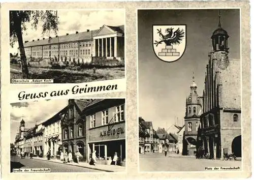 Ansichtskarte, Grimmen, drei Abb, u.a. Oberschule, 1963