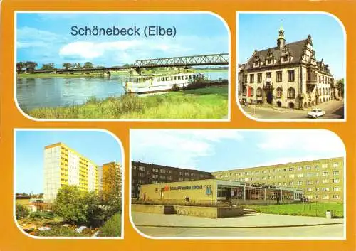 Ansichtskarte, Schönebeck Elbe, vier Abb., u.a. Kaufhalle, 1989