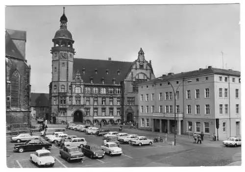 Ansichtskarte, Köthen, Marktplatz mit Rathaus und Stadthaus, 1982