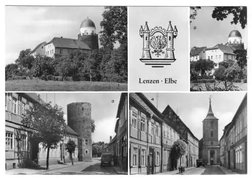 Ansichtskarte, Lenzen Elbe, vier Abb. und Wappen, 1986