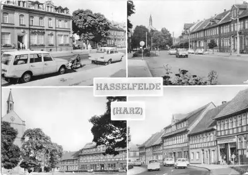 Ansichtskarte, Hasselfelde Harz, vier Straßenansichten, 1976