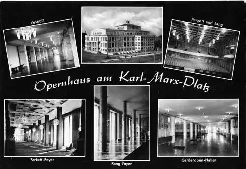 Ansichtskarte, Leipzig, Opernhaus am Karl-Marx-Platz, sechs Abb., gestaltet, 1961