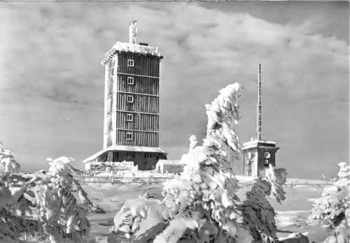 Ansichtskarte, Brocken Harz, Gipfelbebauung im Winter, 1975