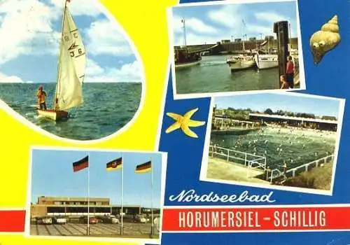 Ansichtskarte, Horumersiel - Schillig, 4 Abb., u.a. Freibad, 1971