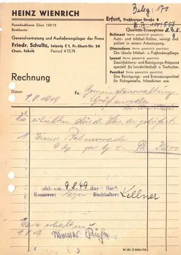 Rechnung, Fa. Heinz Wienrich, Erfurt, 1.8.1949