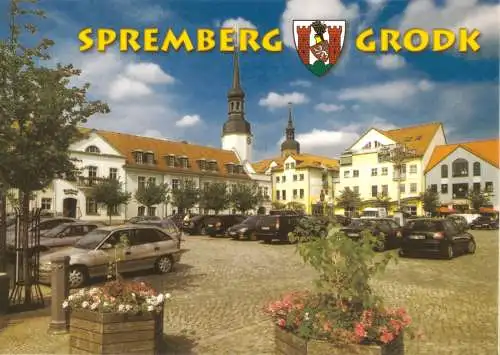 Ansichtskarte, Spremberg, Marktplatz mit Rathaus und Neubauten, um 2004