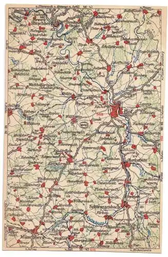 Ansichtskarte mit Landkarte, Areal um und westlich von Hof, um 1923