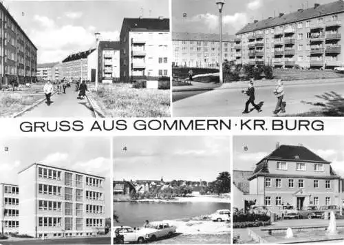 Ansichtskarte, Gommern Kr. Burg, fünf Abb., u.a. Neubauten, 1974