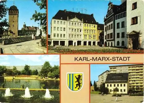 Ansichtskarte, Karl-Marx-Stadt, vier Abb., gestaltet, Wappen, 1989