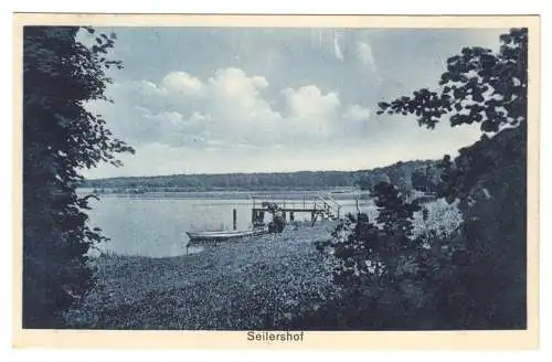 AK, Seilershof Post Fischerwall, Kr. Gransee, Seepartie mit Bootssteg, um 1930