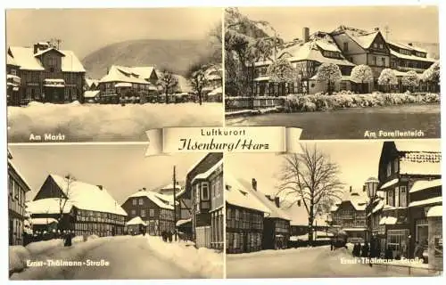 Ansichtskarte, Ilsenburg Harz, vier Abb., innerstädtische Wintermotive, 1961
