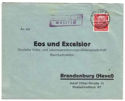 Landpoststempel, Poststelle II, Plessow über Werder (Havel), Werder, 27.4.40