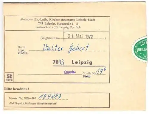 Kirchensteuerrrechnung, Ev.-Luth Kirchensteueramt Leipzig Stadt, 31.05.1972