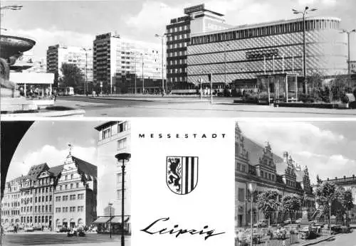 Ansichtskarte, Leipzig, drei Abb. und Wappen, 1973