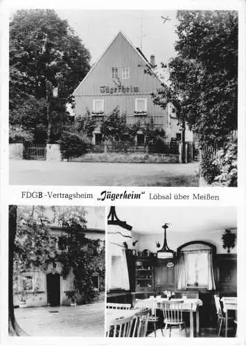 AK, Löbsal über Meißen, FDGB-Vertragsheim "Jägerheim", drei Abb., um 1980