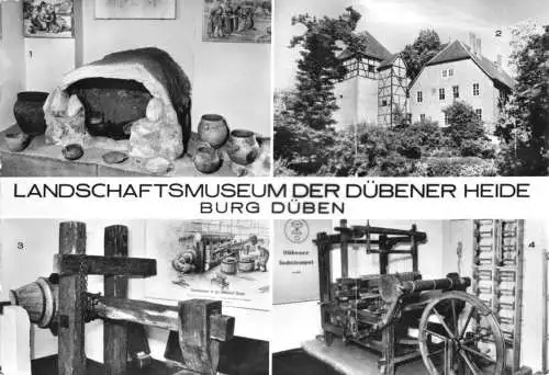 Ansichtskarte, Bad Düben, Landschaftsmuseum der Dübener Heide, Burg Düben, vier Abb., 1987