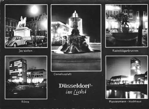 Ansichtskarte, Düsseldorf, fünf Nachtaufnahmen, gestaltet, um 1962