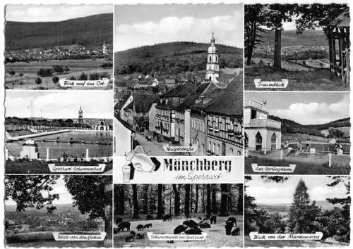 Ansichtskarte, Mönchberg im Spessart, acht Abb., um 1962