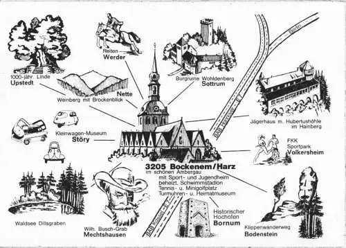 Ansichtskarte, Bockenem Harz, Übersicht der touristischen Ziele in der Umgebung, um 1970