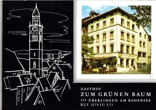 tour. Prospekt, Überlingen am Bodensee, Gasthof Zum grünen Baum, um 1970