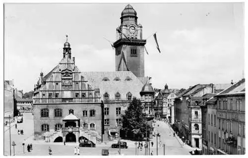 AK, Plauen Vogtl., Partie am Rathaus, belebt, 1961