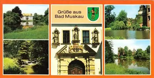 Ansichtskarte lang, Bad Muskau, fünf Abb. mit Wappen, 1990