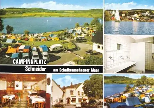 Ansichtskarte, Schalkenmehren Eifel, Campingplatz und Gasthof Schneider, sechs Abb., 1981