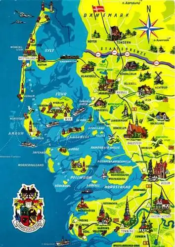 Ansichtskarte, Reliefkarte, Westliches Schleswig Holstein und Inseln, um 1982