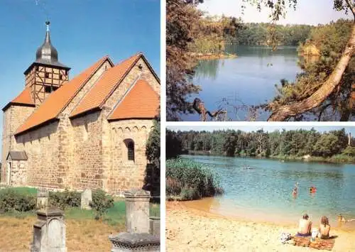 Ansichtskarte, Pretzien - Dorfkirche, Plötzky - Steinbruchsee, Dannigkow - Plattensee, 1990