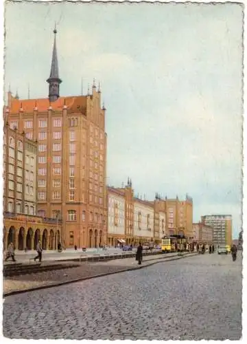 AK, Rostock, Partie in der Langen Straße mit Straßenbahn, 1962