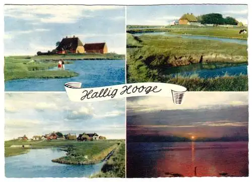 Ansichtskarte, Hallig Hooge, vier Abb., um 1970