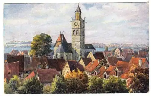 Ansichtskarte, Ueberlingen am Bodensee, Teilansicht, Künstlerkarte, um 1912