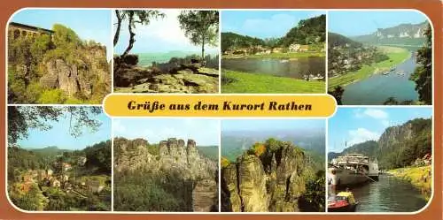 Ansichtskarte lang, Kurort Rathen Sächs. Schweiz, acht Abb., 1984