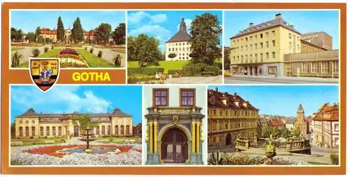 Ansichtskarte lang, Gotha, sechs Abb., Wappen, 1980