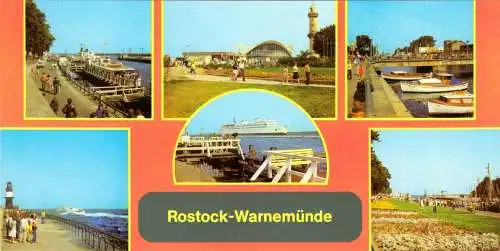 Ansichtskarte lang, Rostock Warnemünde, sechs Abb., gestaltet, 1984