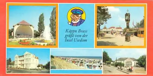 Ansichtskarte lang, Insel Usedom, fünf Abb., Käppn Bras grüßt von der Insel Usedom, 1987