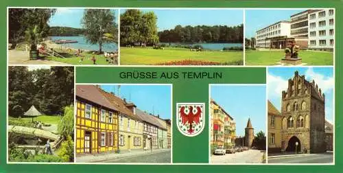 Ansichtskarte lang, Templin Uckermark, sieben Abb. mit Wappen, 1985